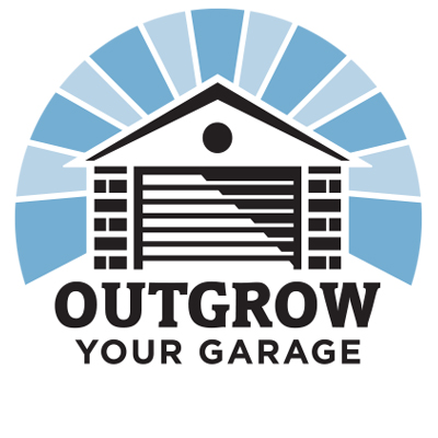 Black and white garage surrounded by blue and grey sunrays. Text at bottom reads Outgrow Your Garage
