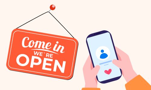 Cartoon image of open sign and smart phone