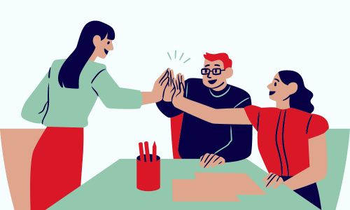 Cartoon image of coworkers high-fiving
