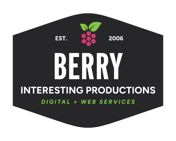 Logo of Berry Interesting Productions. A black badge with a pink berry with green leaves at the top, and the text Est. 2006 Digital + Web Services